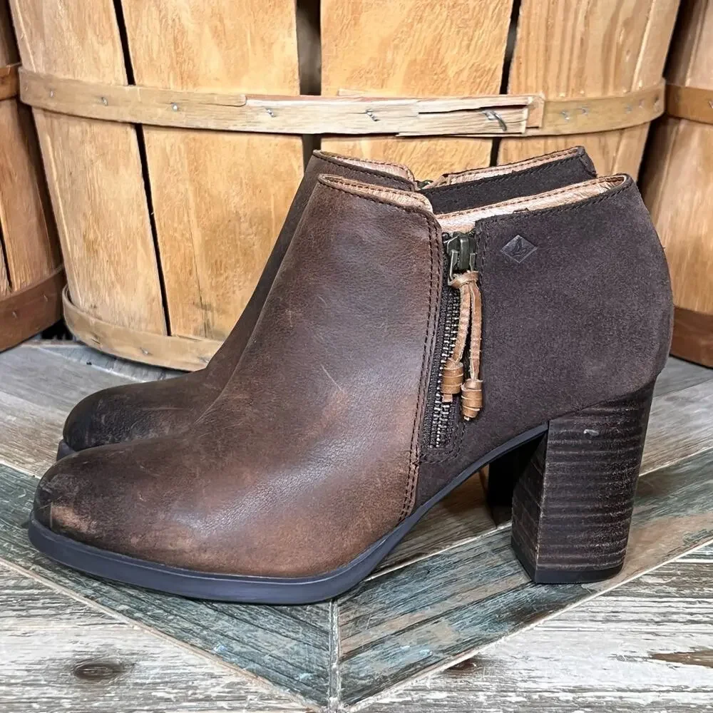 Sperry Dasher Lille Brown Leather Suede Block Heel Zip Ankle Boots Womens Size 8
